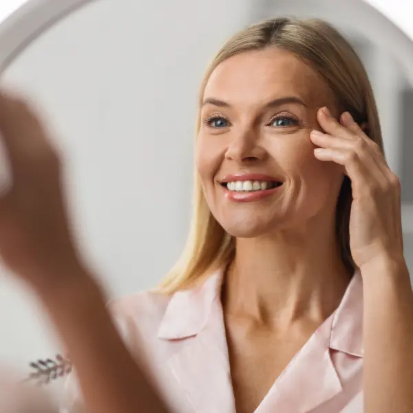 Women in her 40s looking at her fine lines in the mirror
